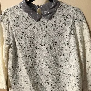 Cream colored lace over grey & cream polka dot top